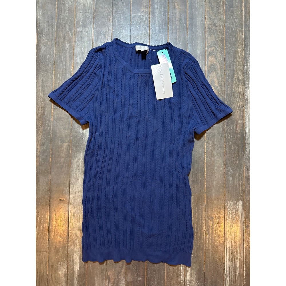 Design History‎ Womens Blue Cable Knit Short Sleeve Crew Neck Top